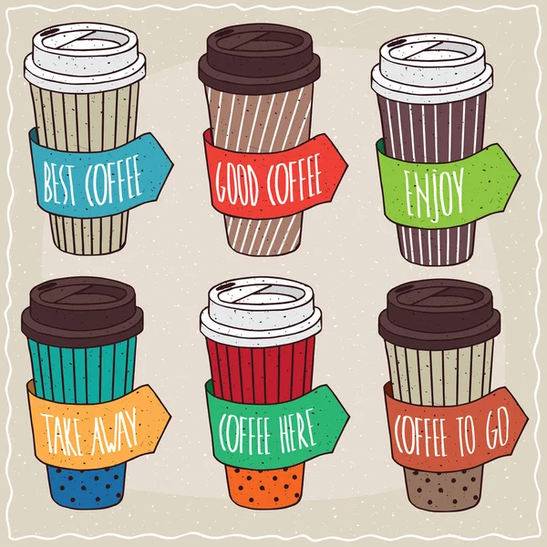 Set di sei diverse tazza di carta alla moda di caffè — Vettoriale Stock