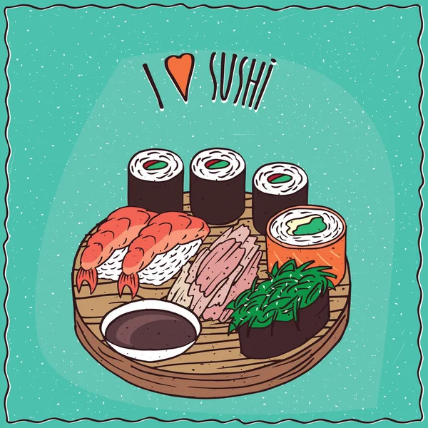 Uppsättning av tre olika typer av sushi rullar — Stock vektor