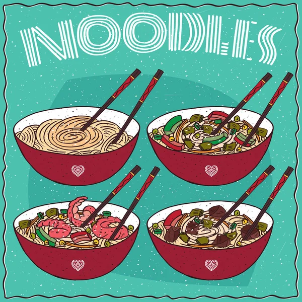 Set of four Chinese noodle soups — Stock Illustration Set of four Chinese noodle soups Stock Vector