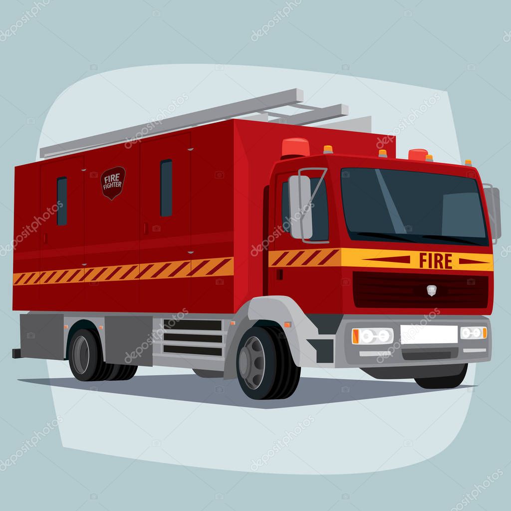 Isolated, detailed images of three-dimensional firefighting apparatus, fire engine car, the main device of firefighters, in cartoon style. Side front view