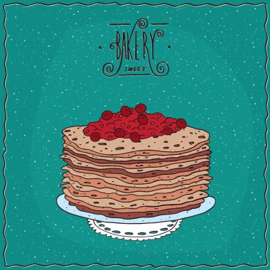Thin pancakes with red berries on lacy napkin clipart