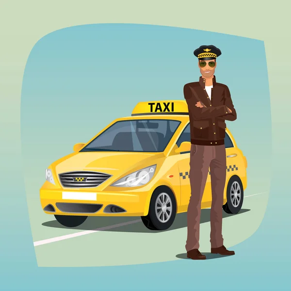 Conductor de taxi sin afeitar con coche amarillo — Vector de stock