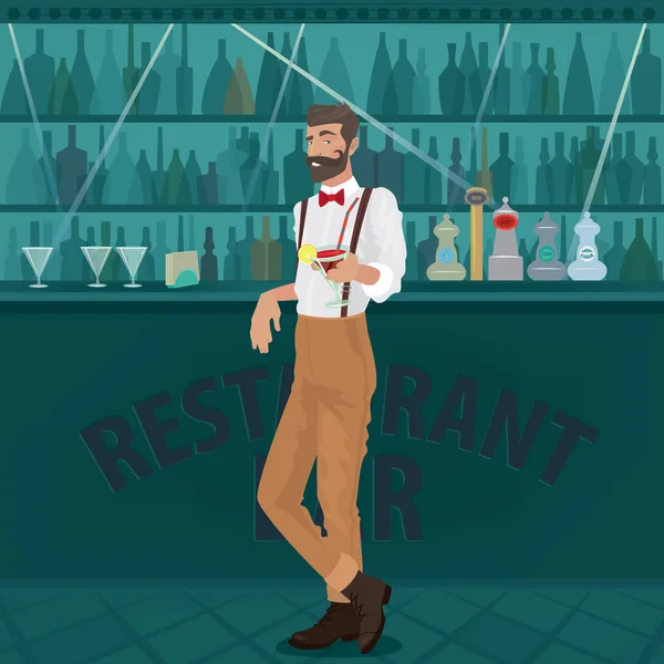 Bartender hipster tilbyr cocktail på bar – stockvektor