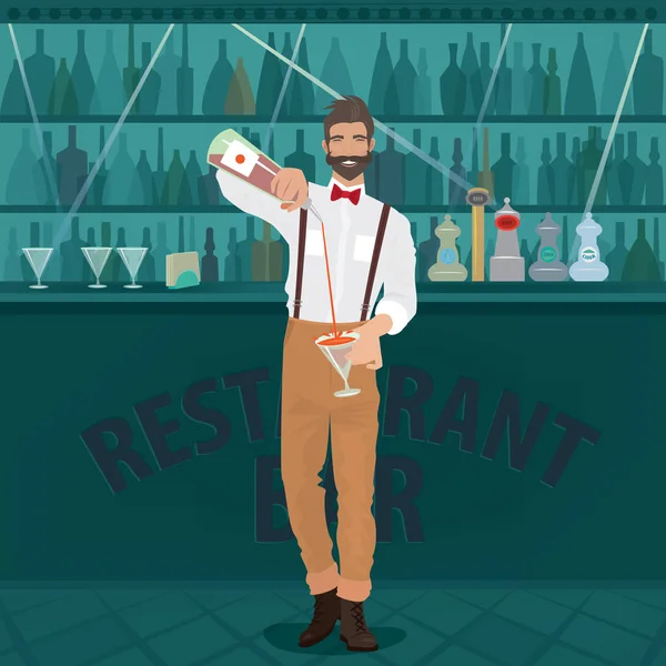 Barman hipster giet drank in glas — Stockvector