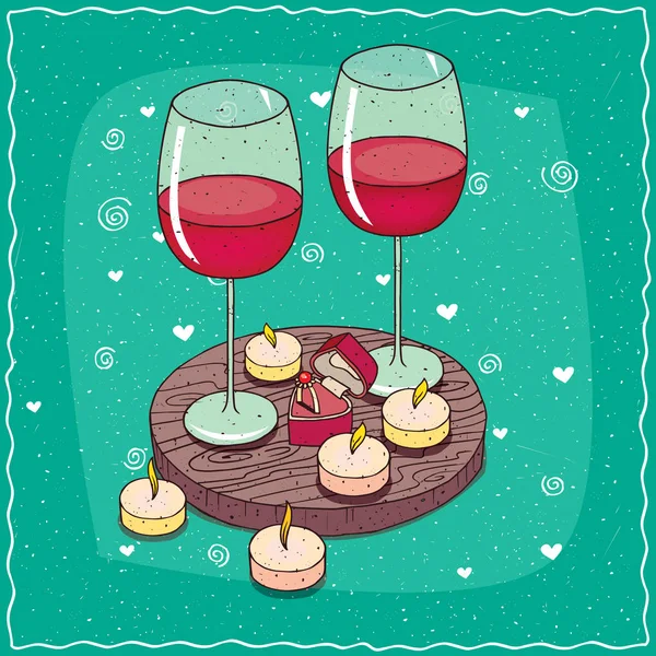 Composizione con vino rosso e anello di fidanzamento — Vettoriale Stock