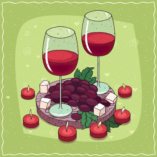 Kırmızı şarap ve üzüm ve peynir ile kompozisyon — Stok Vektör