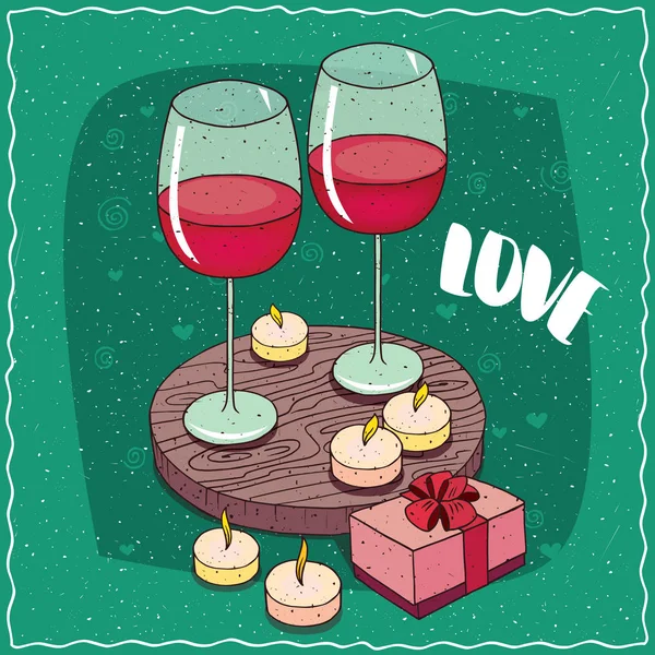 Összetétele és vörös bor és rózsaszín ajándék doboz — Stock Vector