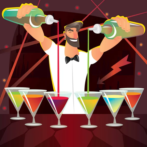 Веселий бармен готує кілька коктейлів на вечірці — стоковий вектор