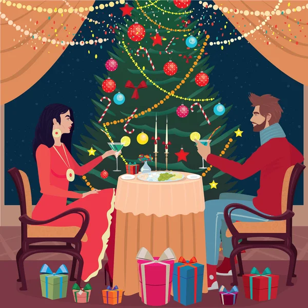 Fille et gars toast lunettes dans la veille de Noël — Image vectorielle