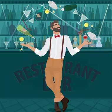 Hipster barmen ustalıkla şişeleri juggles