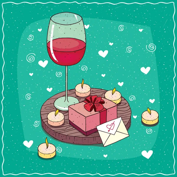 Verre de vin rouge et boîte cadeau et enveloppe — Image vectorielle