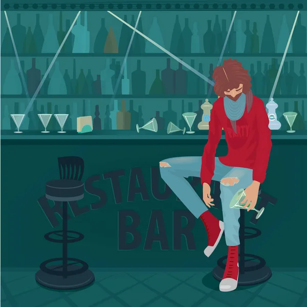 Si è ubriacato e si siede a malapena in un bar vuoto — Vettoriale Stock
