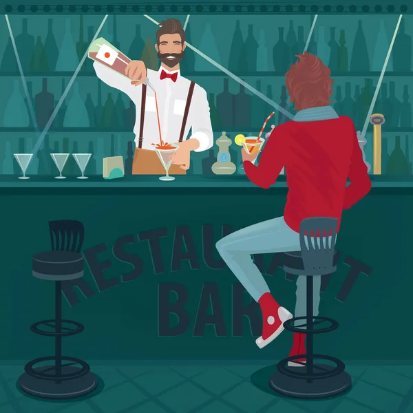 Guy sentado perto do barman e beber coquetel — Vetor de Stock