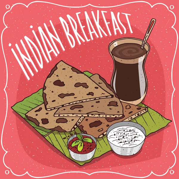 Desayuno indio con pan plano y masala chai — Vector de stock