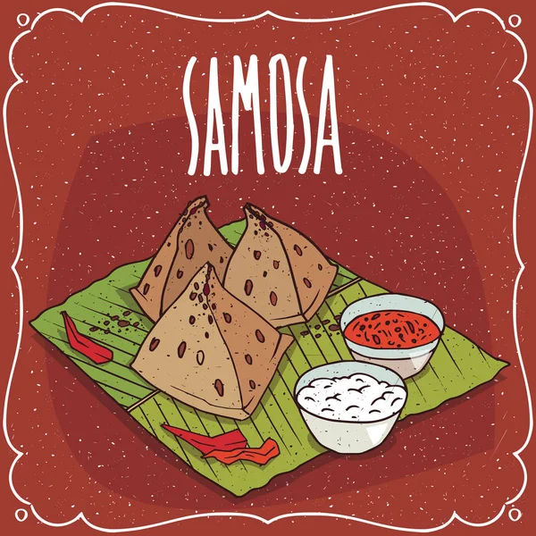 Snack indio Samosa con salsa y requesón — Vector de stock