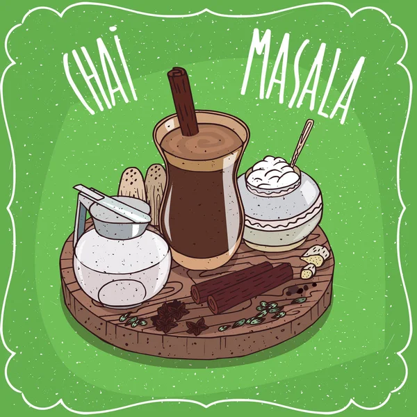 Chá indiano Masala chai com jarro de leite com tampa —  Vetores de Stock