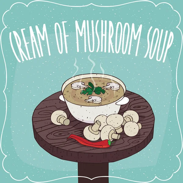 蘑菇奶油汤和新鲜香菇 — 图库矢量图片