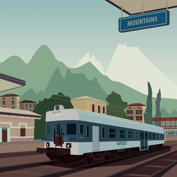 Tren viejo en la estación de tren de la ciudad europea — Vector de stock
