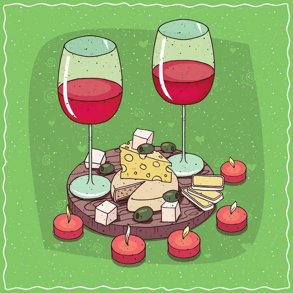 Płyta z czerwonego wina i różnych serów — Wektor stockowy