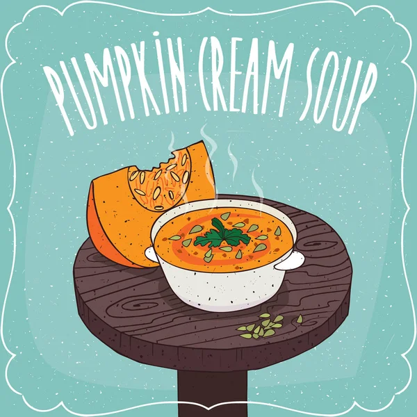 Pompoen crème soep met verse gesneden pompoen — Stockvector
