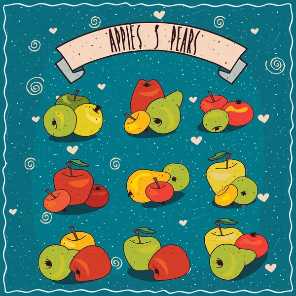 Conjunto de clip art de grupos de manzanas y peras — Vector de stock