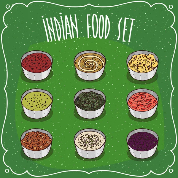 Conjunto de salsas de condimento indio como chutney — Archivo Imágenes Vectoriales