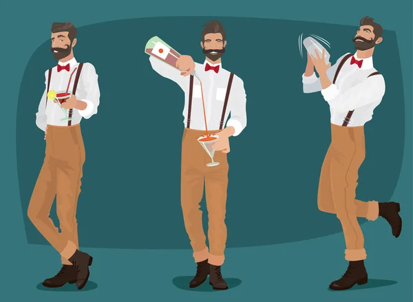 Uppsättning av tre mustachioed hipster bartenders — Stock vektor