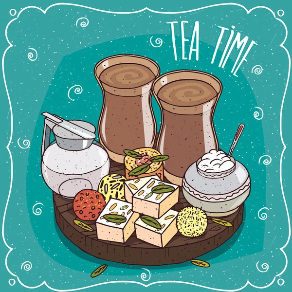 Traditionella asiatiska sötsaker och masala chai-te — Stock vektor