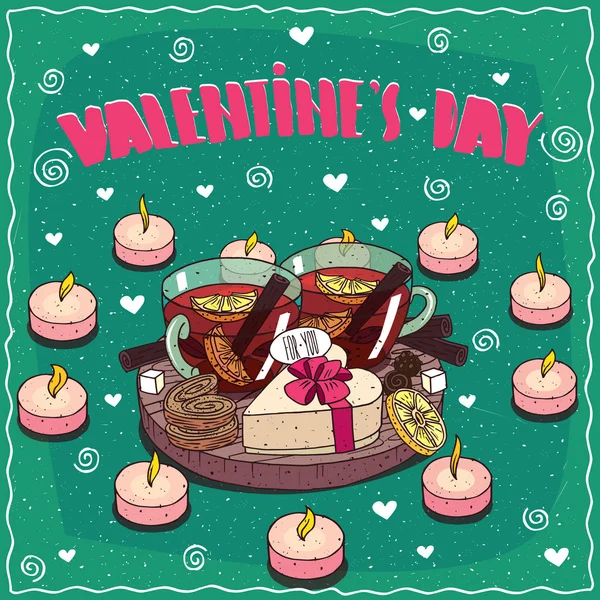 Composition Saint-Valentin avec boîte à thé et cadeau — Image vectorielle