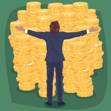 Altın para yakınındaki mutlu işadamı
