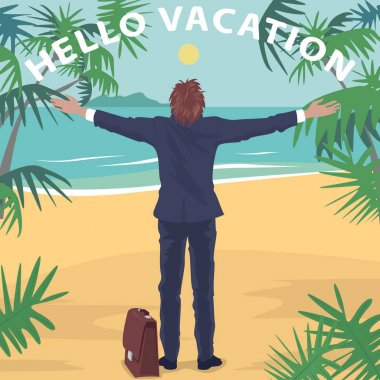 Office worker standing on beach with open arms clipart