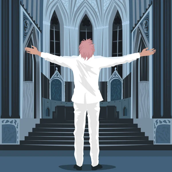 कैथेड्रल चर्च के अंदर खड़े विश्वास करने वाला आदमी — स्टॉक वेक्टर