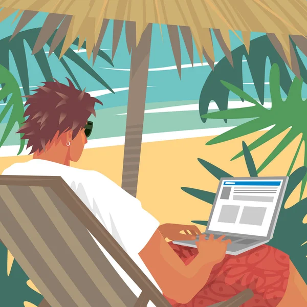 Зайнятий чоловік працює на ноутбуці на тропічному пляжі — стоковий вектор