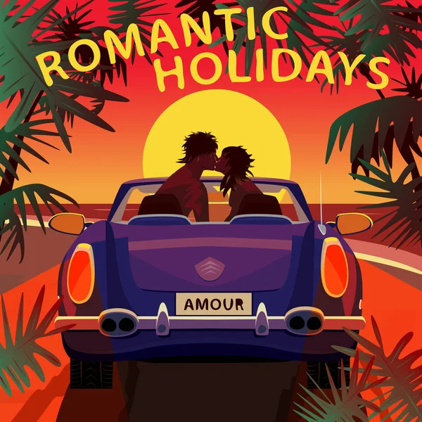 Par kyssar i cabriolet bil på stranden vid solnedgången — Stock vektor