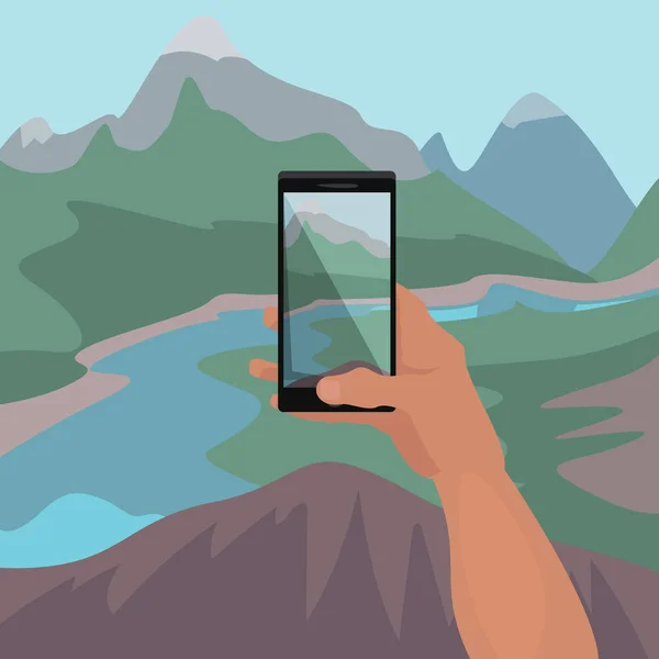 Mão fazendo foto da paisagem no smartphone — Vetor de Stock