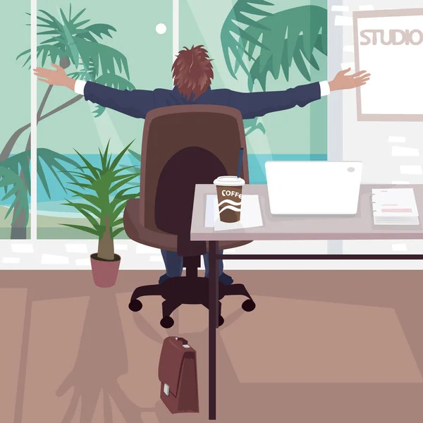 Tevreden werknemer in kantoor in de buurt van tropisch strand — Stockvector