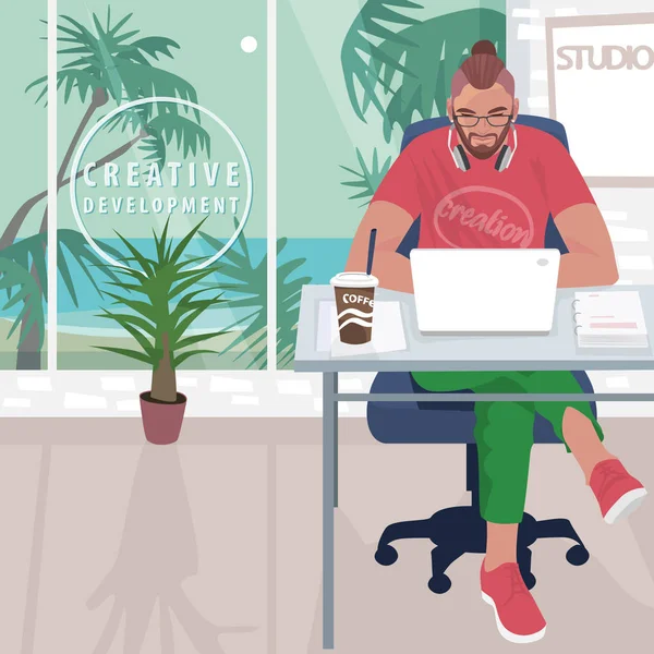Hipster lavora in ufficio con paesaggio tropicale — Vettoriale Stock