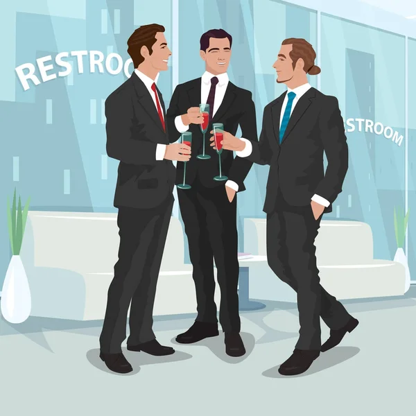Men in business suits drink red wine in office — Stock Vector