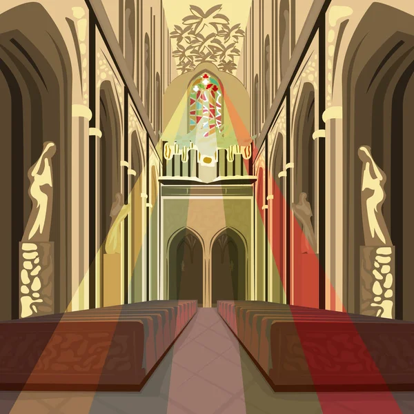 Multicolor sun rays from stained glass in Church — Stock Vector