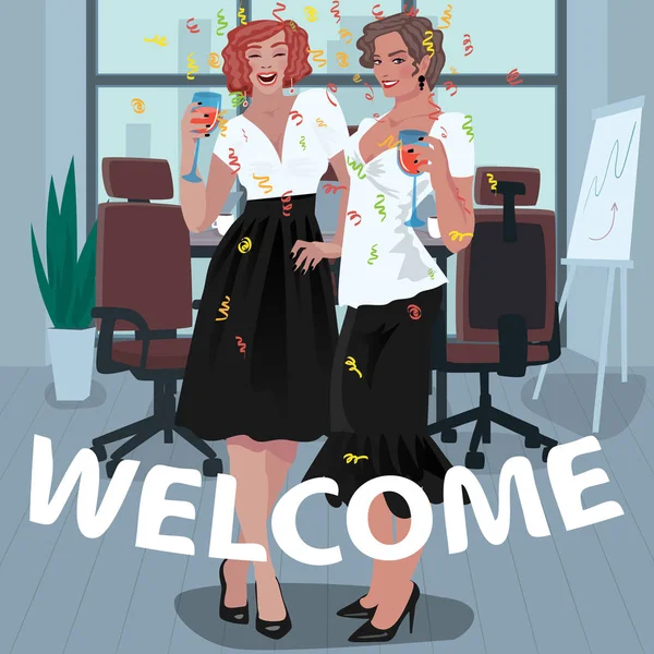 Les filles de bureau sont les bienvenues au travail — Image vectorielle