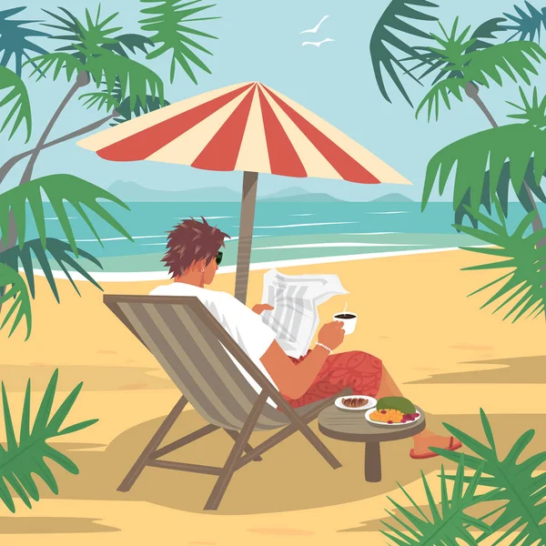 Молодой человек читает газету на тропическом пляже — стоковый вектор