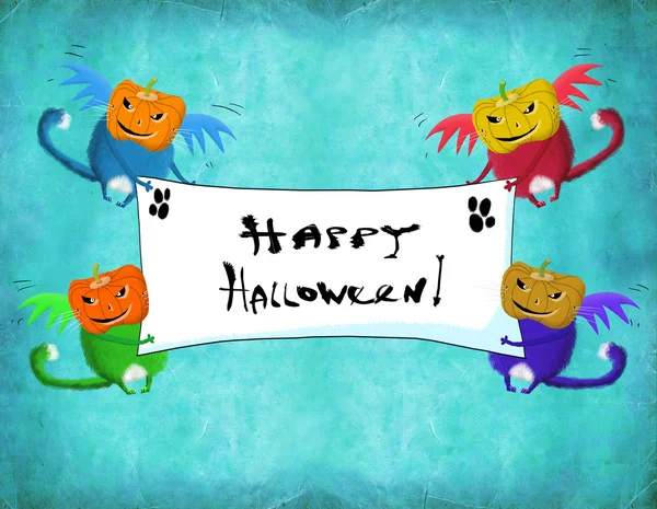 Gato de tarjeta de Halloween con alas celebrando saludos Placard — Foto de Stock