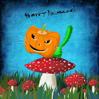 Kabak mantar arasında ayakta kafasına kediyle Cadılar Bayramı