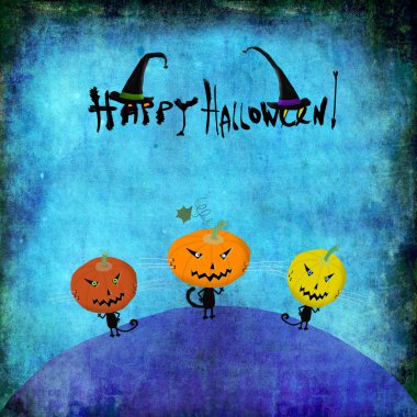 Halloween Pumpkins başınızın üstüne mavi arka plan üzerinde kedilerle 