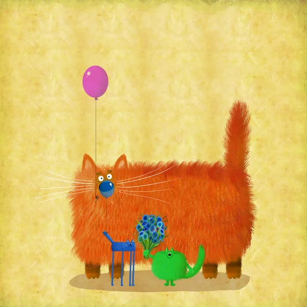 Katzenfreunde mit Luftballons und Blumen — Stockfoto