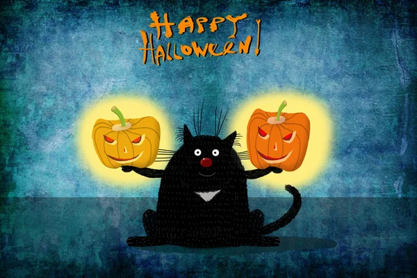 Halloween gato negro celebración brillante Jack O 'Lanterns — Foto de Stock