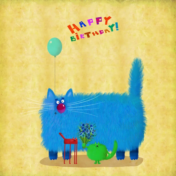 Cartão de aniversário Gatos com balões e flores — Fotografia de Stock
