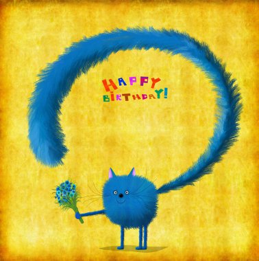 Birthday Card Blue Kitten Holding Bunch Of Blue Flowers  clipart