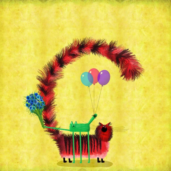 Schattige katten houden van ballonnen en bloemen — Stockfoto