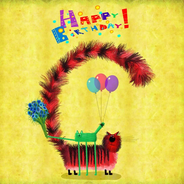 Birthday Card Cats Friends Holding Flowers And Balloons